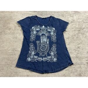 Lucky Lotus Top Womens Medium Blue Boho Short Sleeve Embroidered Cotton Casual